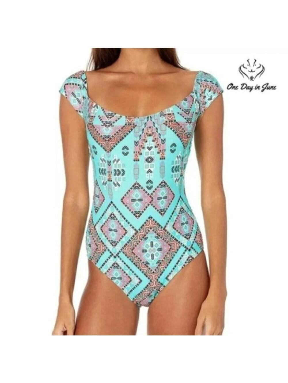 Womens Off Shoulder One-Piece Bathing Suit Aztec Blue Size Large Swimsuit Teal